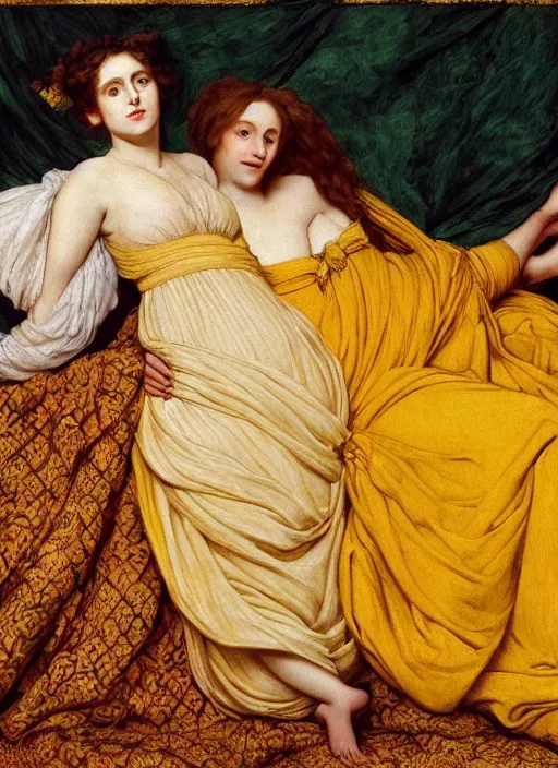 Image similar to masterpiece portrait of hybrid sarah siddons and lisa minelli and maya hawke, reclining on bed, flowing cloth floating in the wind, wearing yellow ochre ornate medieval dress, vertical, foreshortening, colour photography by frederic leighton, william morris, 8 k