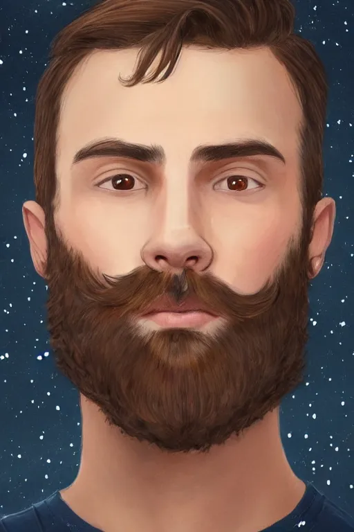 Image similar to very detailed portrait of a very handsome american man in his late twenties, oval shaped face, very short beard, ( ( deep hazel eyes ) ), strong round!!! rosey nose, nice color scheme, by wlop and tyler oulton, detailed eyes, reading a book. starry background, trending, on artstation.