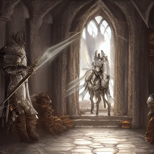 Image similar to knight, fantasy art, located in a castle, legendary spiky armor, morning sunlight through the window, decorated, high quality, highly detailed, 4 k