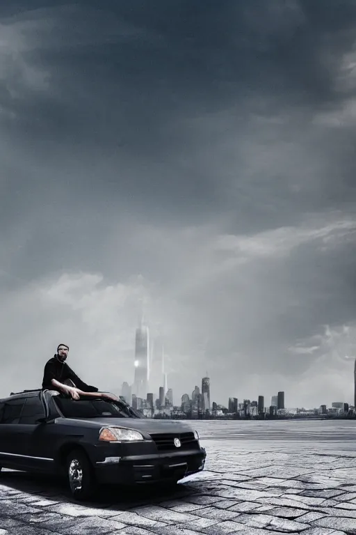 Image similar to Photo of a man sitting on the car roof in the heavy in front of the city that sank, hyper realistic, outdoor lighting, dynamic lighting, volumetric, wide angle, anamorphic lens, go pro, 4k