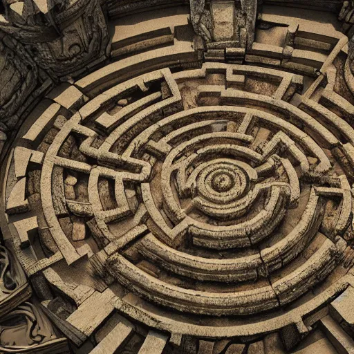 Prompt: Aereal view of an ancient intricate labyrinth, intricate, baroque, wonderland, photorealistic, photography, octane, high definition, detailed, 8k, artstation