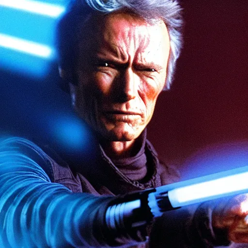 Image similar to clint eastwood holding blue lightsaber in star wars episode 3, 8k resolution, full HD, cinematic lighting, award winning, anatomically correct