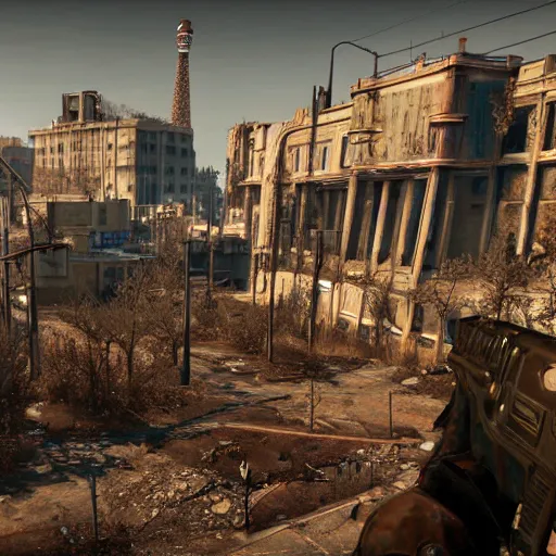 Image similar to Barcelona in ruins post-nuclear war in Fallout 4, in game screenshot