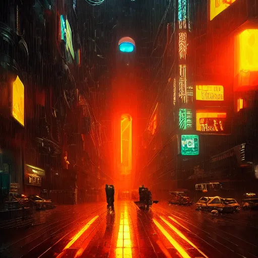 Image similar to many mechanical jellyfishes floating in the street at night after the rain, a mountain in the distance, surreal, cyberpunk, psychedelic, highly detailed, digital art, blade runner 2 0 4 9, darek zabrocki, 8 k