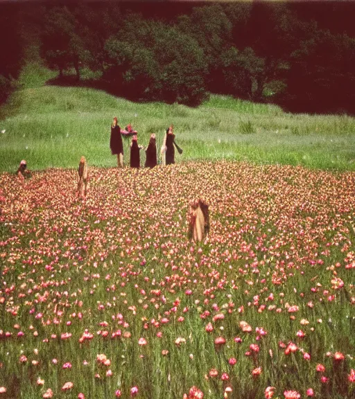 Prompt: satanic ritual in beautiful meadow of flowers, film photo from 1970s, grainy, high detail, high resolution