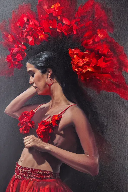 Prompt: oil painting of spanish flamenco dancer in mallorca wearing a red dress made of flowers, dimly lit, photo realistic, extreme detail skin, no filter, slr, 4 k, high definition