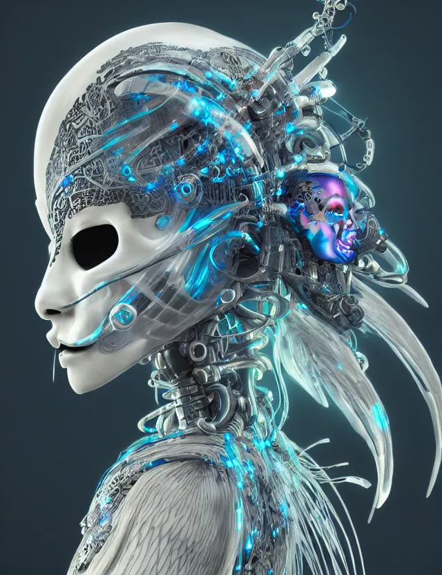 Image similar to 3 d goddess close - up profile simple portrait cybernetic with skull. beautiful intricately detailed japanese crow kitsune mask and clasical japanese kimono. betta fish, jellyfish phoenix, bio luminescent, plasma, ice, water, wind, creature, artwork by tooth wu and wlop and beeple and greg rutkowski