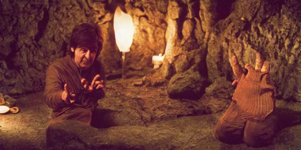 Image similar to A full color still of Paul McCartney looking at his palm, dressed as a hobbit inside his house at night with firelight, directed by Stanley Kubrick, 35mm, 1970