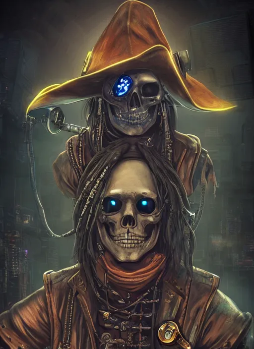 Image similar to a cyberpunk hacker pirate captain skeleton with a pirate hat sitting in front of a crt monitor programming in a dark room, light coming from crt monitor, highly detailed, intricate, digital art, trending on artstation, trending on cgsociety