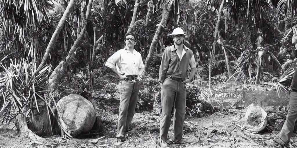 Prompt: bbc tv presenter louis theroux interviewing men cutting down extremely large kauri trees. great barrier island, 1 9 3 0 s tv show. beach with large boulders in background. nikau palms.