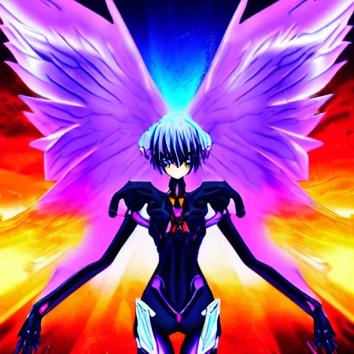 Prompt: evangelion angel invaders with neon rainbow wings colorful 4 k macabre dark background grim ceremonial path traced high definition detailed artstation realistic trending dramatic lighting dark and light contrast