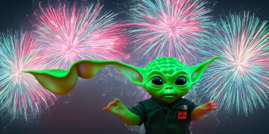 Image similar to muted rgb fireworks bursting in the sky form shapes the resemble ( ( ( baby yoda ) ) ). 8 k, 4 k, hq, 3 d render, digital art, dramatic lighting, comedy, science fiction, hyper realistic, ultra detailed.