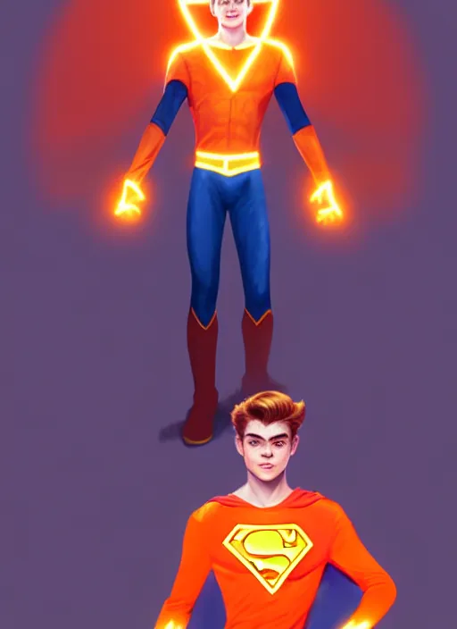 Image similar to kind teenage archie andrews wearing an orange superhero costume, superhero costume with heart emblem, cape, intricate, elegant, glowing lights, highly detailed, digital painting, artstation, sharp focus, illustration, art by wlop, mars ravelo and greg rutkowski