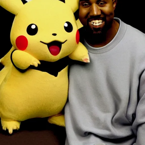 Image similar to Kanye West smiling and holding pikachu for a 1990s sitcom tv show, Studio Photograph, portrait C 12.0