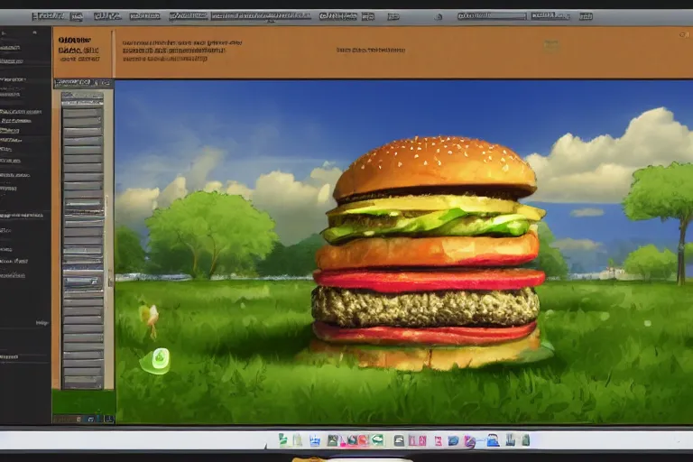 Image similar to hamburger themed gnu / linux desktop environment, linux mint, in 1 9 9 5, y 2 k cybercore, desktop screenshot