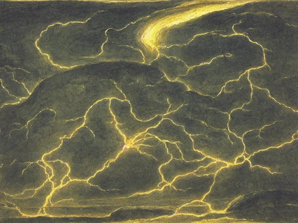 Image similar to Lightning striking the ground, making a forest of light. Hardened lava fields as far you can see. Cosmic melancholy, lunar. Painting by William Blake, Alfred Kubin