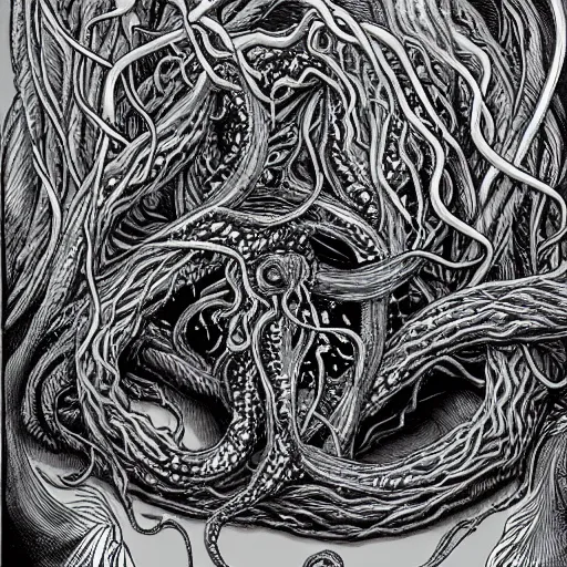 Image similar to a hyper detailed filmic wide shot 30mm color film photograph of a bundle of a dangerous gorey shape shifting alien creaturing spewing long worm-like spiney tendrils out of its snarling mouth, the tendrils are strangling and smothering a male 70-year-old doctor wearing a lab coat under dreary fluorescent lights, the walls are splattered with ketchup in the style of an HD horror film still from 1982