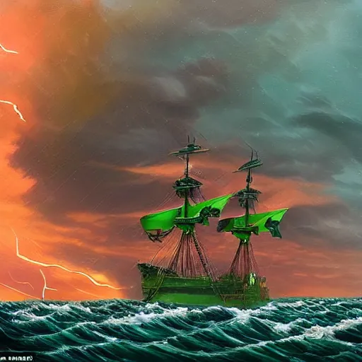 Prompt: Gigantic green sea snake with many yellow eyes, sinks fleet of ships, turbulent sea, red sky, thunderstorm