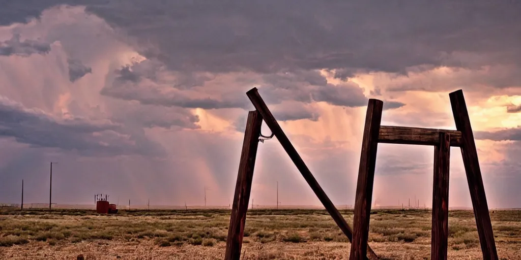 Image similar to photo of a stormy west texas sunset, perfect rustic ( ( pumpjack ) ), film photography, lightning, golden hour, high quality, beautiful!!!