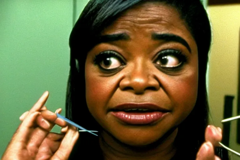 Image similar to screenshot of close up of octavia spencer removes a small hearing device with tweezers from her left ear, iconic scene from the paranoid sci fi thriller film directed by stanley kubrick, apartment set in the near future, cinematic shot with anamorphic lenses, color theory, apartment design, leading lines, photorealistic, volumetric lighting