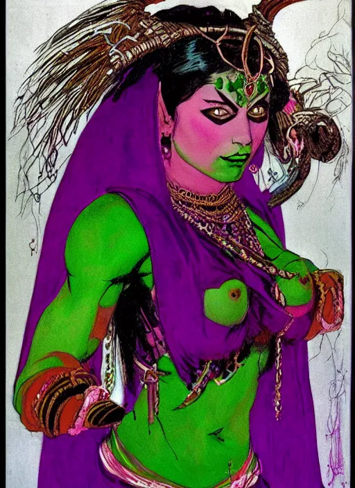 Image similar to portrait of muscular indian vampiress, jeweled veil, purple and green, strong line, saturated color, beautiful! coherent! by frank frazetta, high contrast, minimalism