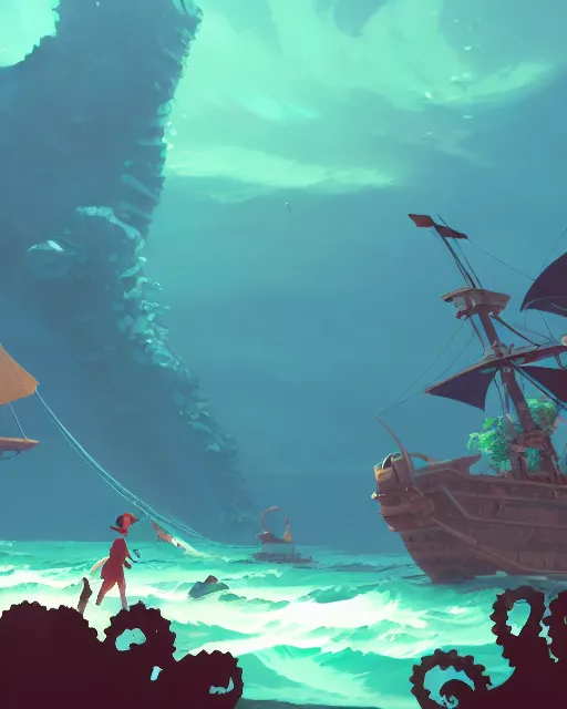 Image similar to a pirate ship being attacked by a kraken, deep water, glowing fish, rocks with lush vegetation, cory loftis, james gilleard, atey ghailan, makoto shinkai, goro fujita, studio ghibli, rim light, exquisite lighting, clear focus, very coherent, plain background, soft painting