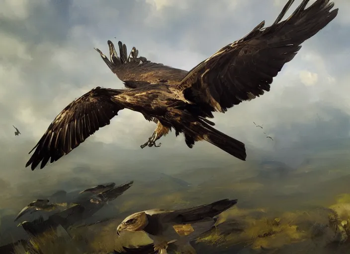 Prompt: oil painting of bird of prey flying, art by anders zorn, wonderful masterpiece by greg rutkowski, beautiful cinematic light, american romanticism by greg manchess, creation by tyler edlin