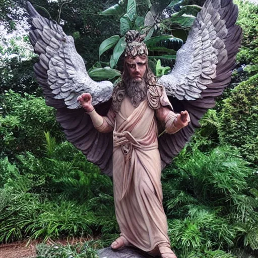 Prompt: an awe inspiring photo of a biblically accurate seraphim, holding a giant, rotatingz flaming sword, guarding the entrance to garden of eden.