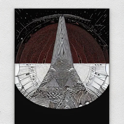 Image similar to Totem of the techno monolith of radial geometric sun above angular geological bedrock with a detailed technology embedded within it , black fine lines on damaged vintage tape , warm brown, geocore, geopunk , Dan mumford , stanley donwood