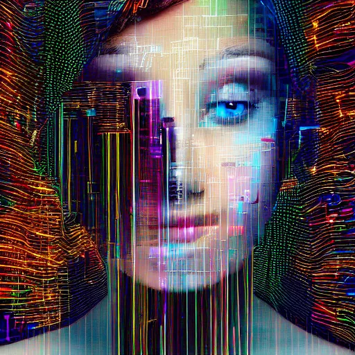 Image similar to woman cyborg, led display on forehead, wires, glitched, pixel sorting, mimmo rotella, alan bean, john chamberlain, peter kemp