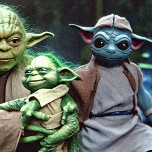 Image similar to Yoda training the Teenage Mutant Ninja Turtles