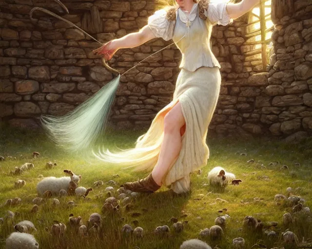 Prompt: a lady spinning wool on an old sheep farm, deep focus, d & d, fantasy, intricate, elegant, highly detailed, digital painting, artstation, concept art, matte, sharp focus, illustration, hearthstone, art by artgerm and greg rutkowski and alphonse mucha