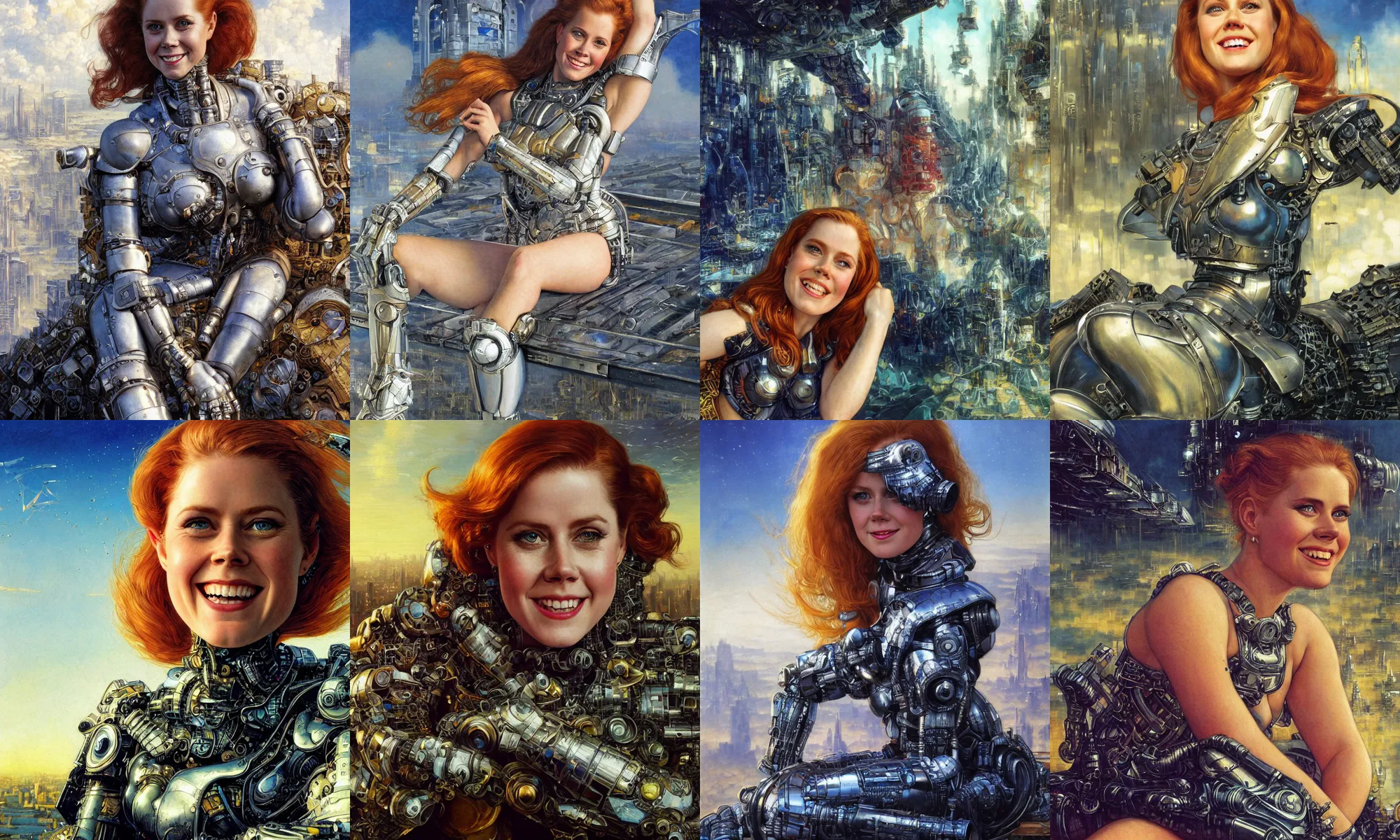 Image similar to close - up portrait of epic young amy adams smiling into camera, intricate cyborg armor, sitting on a bench, vista of futuristic city, windy, golden hour, wlop, by gerald brom, by mikhail vrubel, by peter elson, extreme detail, trending on artstation