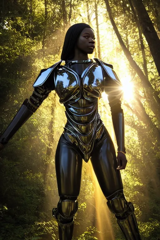 Image similar to hyperrealistic very beautiful black woman highly detailed exoskeleton armor in a forest sun behind her god rays concept art eric zener elson peter dramatic light low angle hd 8k sharp focus