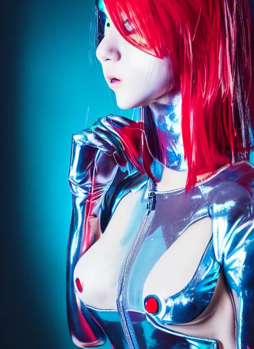 Image similar to a close-up risograph long shot of cyberpunk japanese model girl with black eyes and visible face wearing latex catsuit and lots of transparent and cellophane accessories, blue hour, twilight, cool, portrait, soft red lights, Kodachrome, ISO1200,