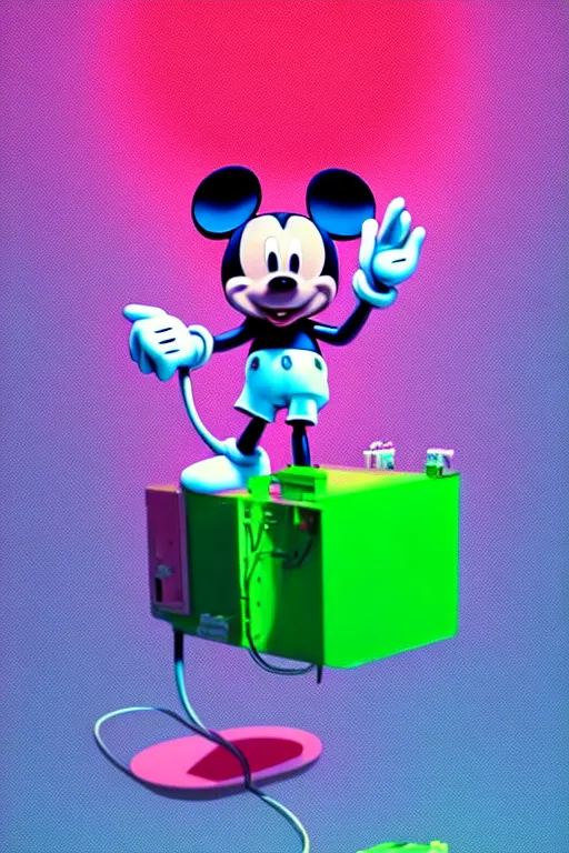 Prompt: a beeple painting of mickey mouse dissecting a giant robot, by beeple in pink, green and blue colours, highly detailed, rendered in octane