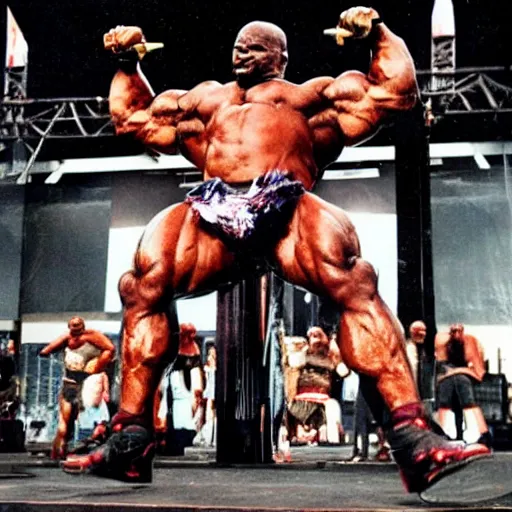 Prompt: a giant Ronnie Coleman destroying a city