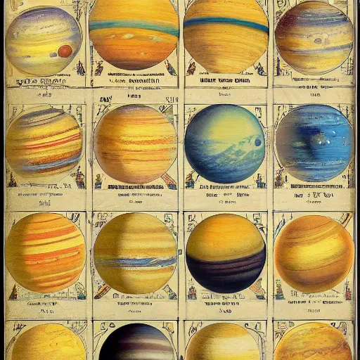 Prompt: color poster of the solar system ; 9 planets and the sun by adolphe millot