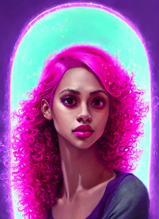 Image similar to portrait of vanessa morgan with bright pink hair, curly pixie cut hair, wearing a purple breton cap, breton cap, hoop earrings, intricate, elegant, glowing lights, highly detailed, digital painting, artstation, concept art, smooth, sharp focus, illustration, art by wlop, mars ravelo and greg rutkowski