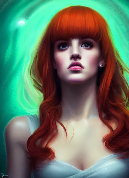 Image similar to portrait of teenage cheryl blossom, bangs, green eyes, mean expression, mischievous expression, red hair, evil smirk, bangs and wavy hair, bangs, intricate, elegant, glowing lights, highly detailed, digital painting, artstation, concept art, smooth, sharp focus, illustration, art by wlop, mars ravelo and greg rutkowski