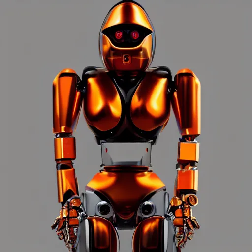 Prompt: graceful orange chrome robot, character concept art, futuristic cyberpunk humanoid machine, symmetry__4, hyperrealistic high detail 70mm, 4k post-proc