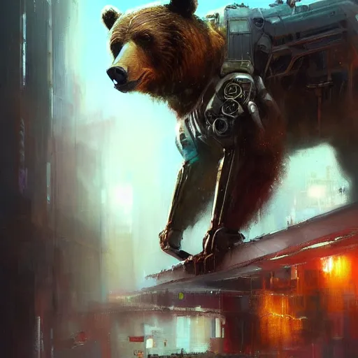 Prompt: brown bear, painting by Raymond Swanland, cyberpunk, sci-fi cybernetic implants hq