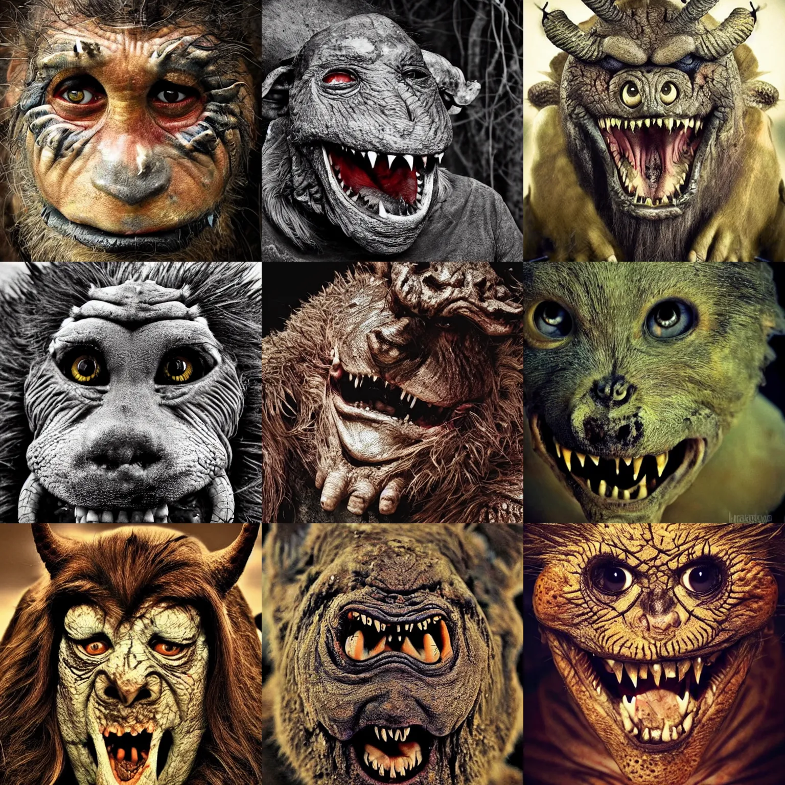 Prompt: vivid, grotesque faces. intense expression, wild eyes. Happy creature. a wonderful, large friendly monster with good intentions.
