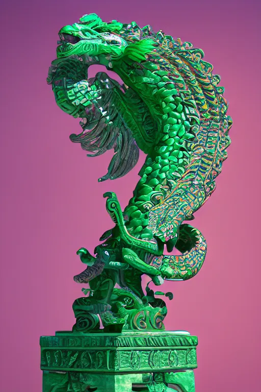 Prompt: aztec quetzalcoatl carved from translucent jade, dynamic pose standing on a marble pedestal, intricate details, intricate textures, warm lighting, vivid colors, smoke and mist, realistic octane render, hyper realistic render, volumetric shading, depth of field, raytracing, 8 k,