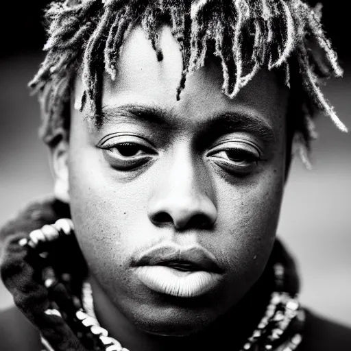 Image similar to the face of young juice wrld at 1 9 years old, black and white portrait by julia cameron, chiaroscuro lighting, shallow depth of field, 8 0 mm, f 1. 8