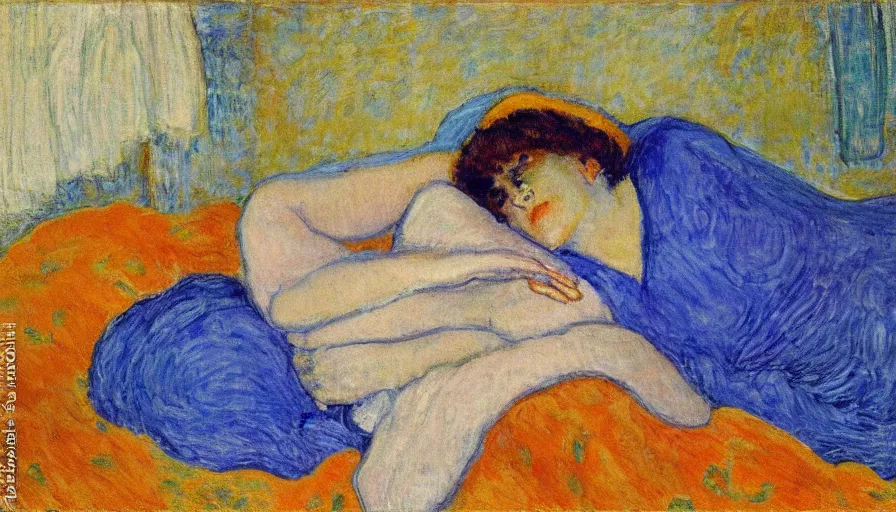 Image similar to woman with blue dress laying on the bed, by pierre bonnard