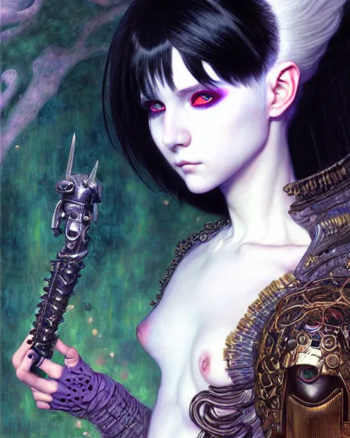 Image similar to portrait of beautiful cute young goth maiden girl with short white hairs in warhammer armor, art by ( ( ( kuvshinov ilya ) ) ) and wayne barlowe and gustav klimt and artgerm and wlop