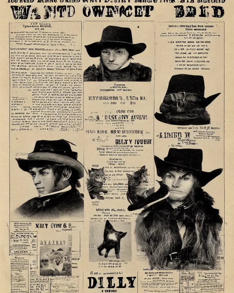 Image similar to 1865 wanted poster Wanted $1000 Reward kitten in cowboy hat Billy the Kit