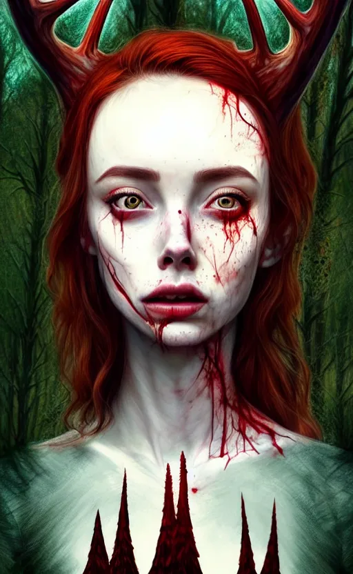 Prompt: surrounded by trees, full body realistic character concept, gorgeous Kacey Rohl, red hair, small freckles, Wendigo creature antlers deer skull face, symmetrical face, symmetrical eyes, covered in blood, dark forest, trees, shorter neck, cinematic lighting, Joshua Middleton and artgerm, fear anxiety terror