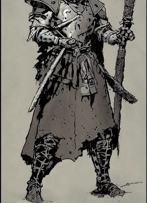 Prompt: character design concept art illustration reference of a medieval warrior. by Mike Mignola and Rebecca Guay.